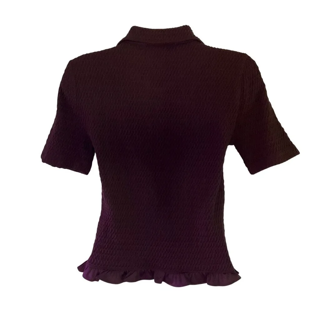 Loft Brown Ruched Top Ruffle Hem Short Sleeve Collar Womens Small neutral - Picture 2 of 7